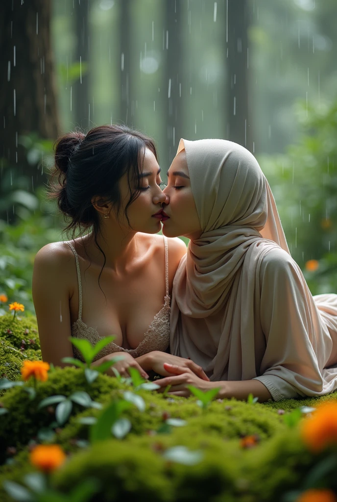 beautiful hijab asian lesbian girl laying down,bra and panties,hugging,in the Wood,kiss,lesbian sex,raining,front view ,medium breast,far view