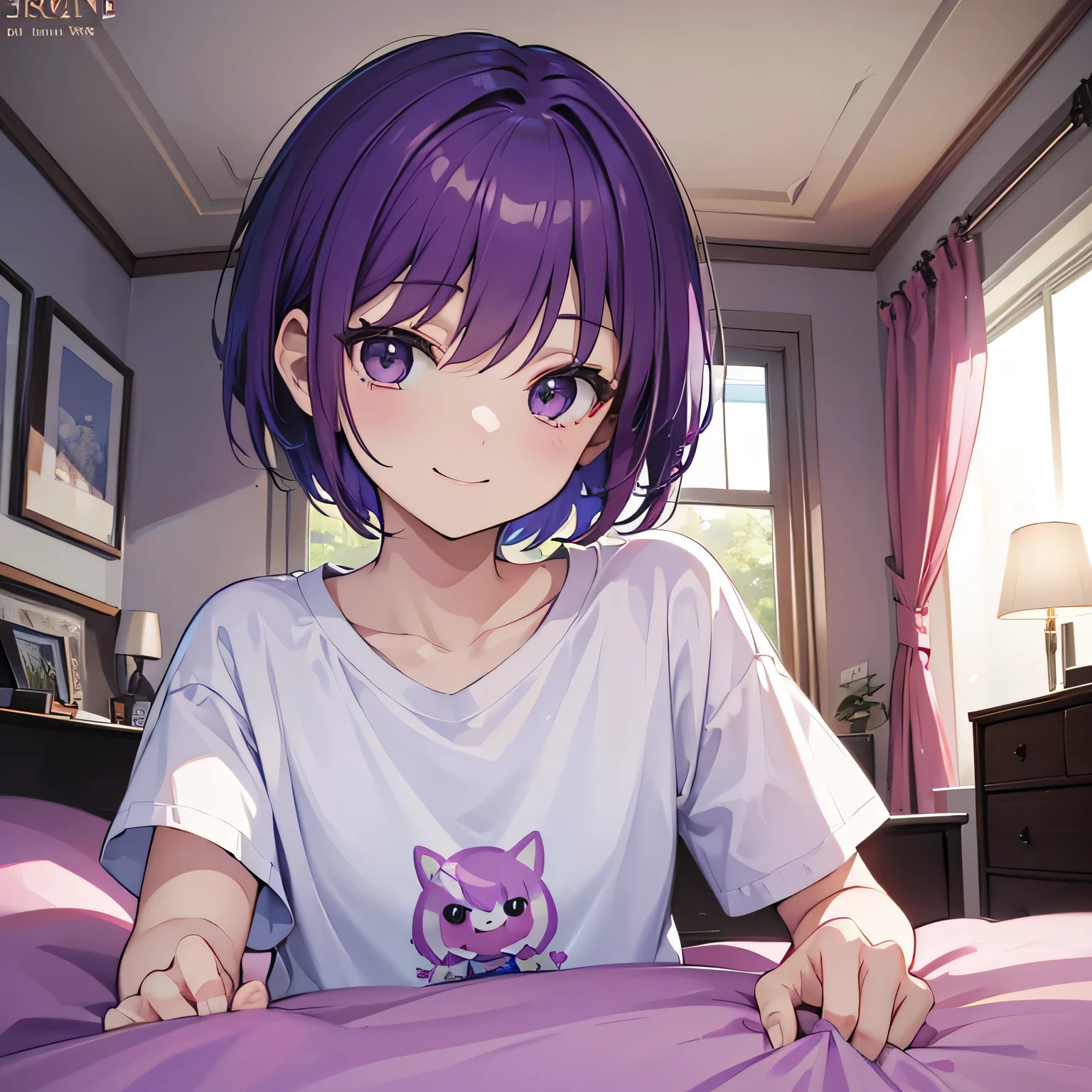 (T Masterpiece,4K wallpaper,Best Quality))、((1people))、(solo)、Bright and Brilliant,(Purple Hair)、(short hair:1.mile、Bedroom、T-Shirts、morning