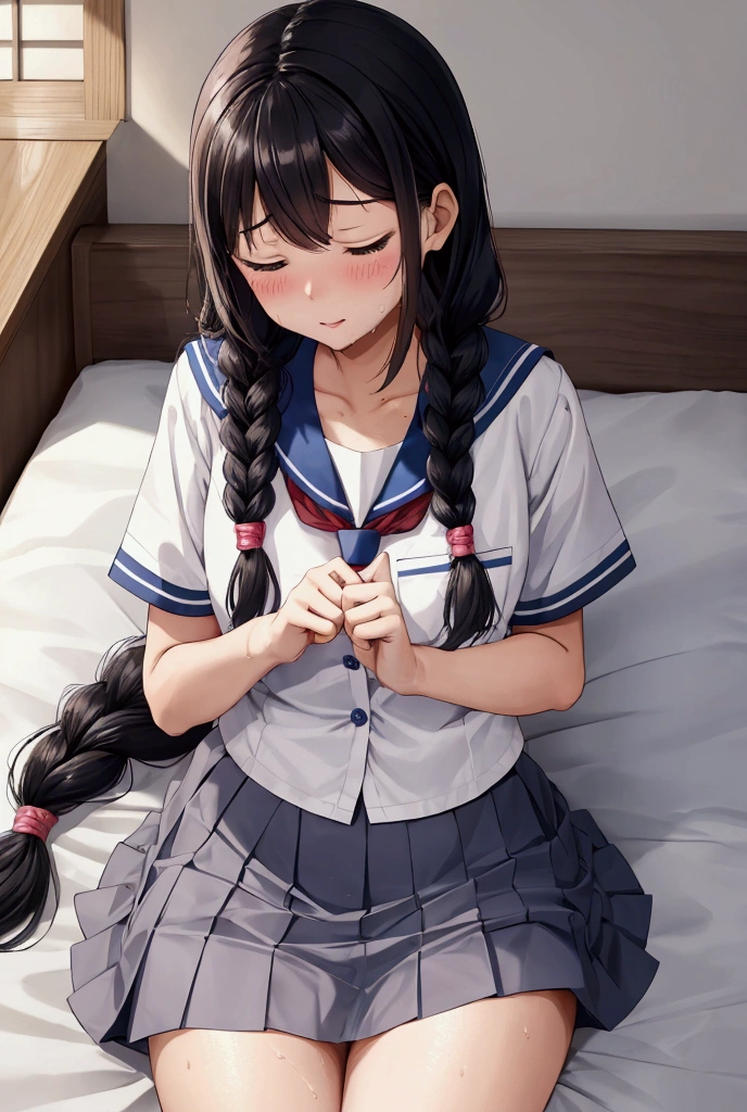 Japanese female junior high school student, 13 years old, long hair in braids, cute school uniform, unbuttoned sailor suit, skirt rolled up wide, sleeping on a bed in the nurse's office, menstrual pain, fever, sweaty forehead, flushed cheeks, sweat running down chest, steamy panties, girlish buttocks, sweaty inner thighs, flushed thighs, panties digging into, damp panties