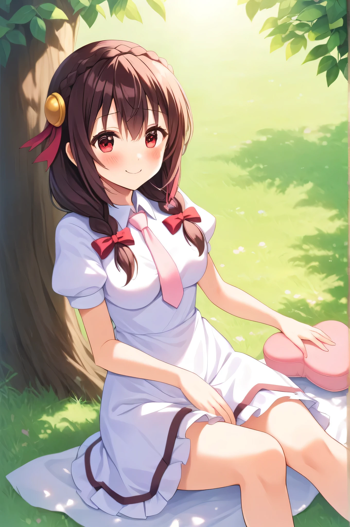 alone, One person, Yunyun, ♥、 (blush:1.5)、Crown braids of the same color as your hair、hair ornaments, Hair Ribbon, Pink tie, White dress, picnic、heart、♥、Sunlight filtering through the trees、Sitting with legs straight, not bent、Smiling kindly、Patting the knee to encourage a knee pillow