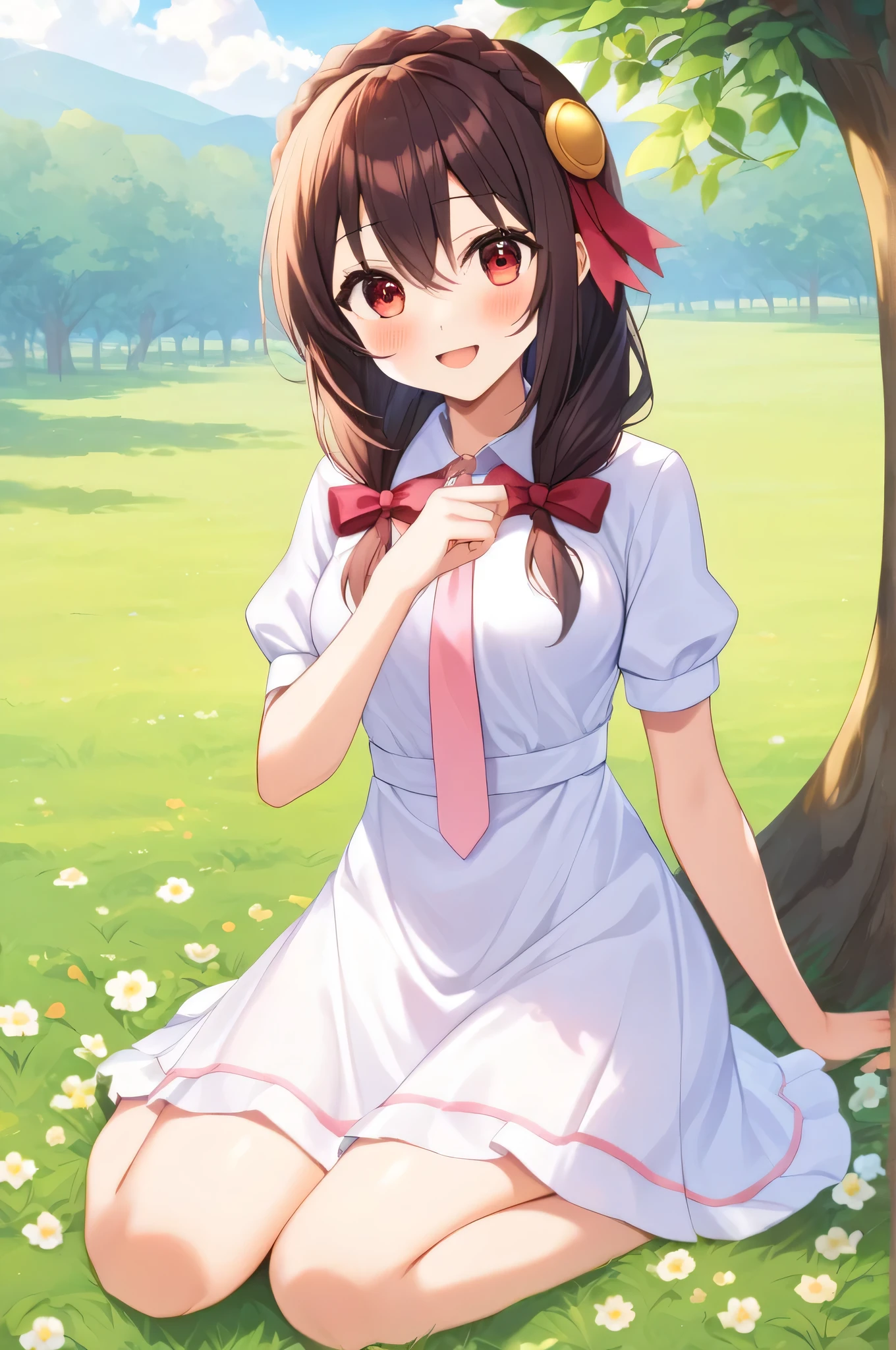 alone, One person, Yunyun, ♥、 (blush:1.5)、Crown braids of the same color as your hair、hair ornaments, Hair Ribbon, Pink tie, White dress, picnic、heart、♥、Sunlight filtering through the trees、Sitting with legs stretched out、Smiling kindly、Calling by tapping on the knee