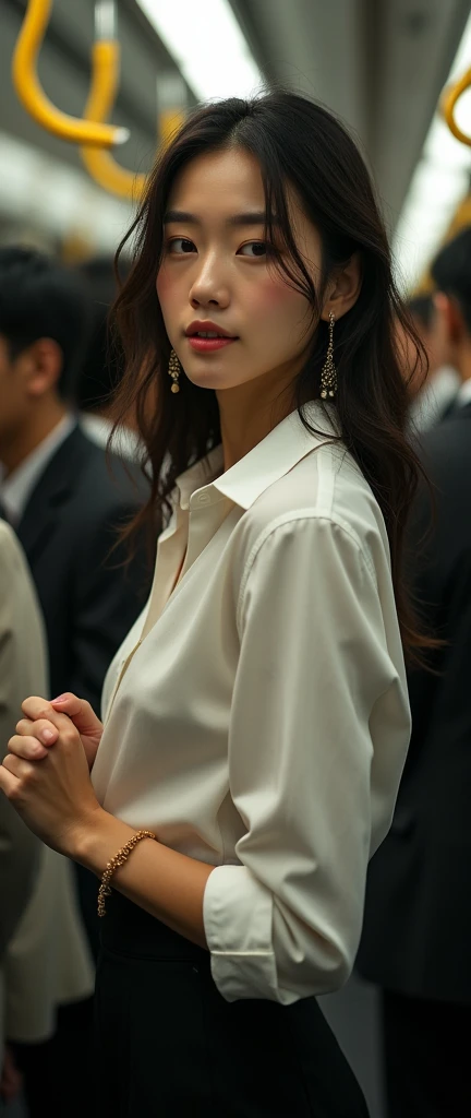 (32K:1.9, Highest quality, masterpiece, Ultra-high resolution, Professional low-angle camerawork:1.5, Very detailedな肌と顔の質感:1.4), Always accurate, Very detailed, ((25 year old Japanese woman, Big breasts on the verge of collapse:1.2, Inside the train:1.6, Multiple men touched parts of her clothing.:1.7, A tight skirt and a white shirt:1.5, Incredibly slim body:1.3, areola is not visible)), Fair skin, elegant, sense of cleanliness, Thin eyebrows, (Big eyes that exude beautiful eroticism:0.4, Embarrassed smile:1.0, I despise you from the bottom of my heart:0.8, Open your mouth a little, lipstick, Feel the beautiful eroticism:0.9), (Wet dark brown medium length hair), Bag, Earrings, necklace, bracelet, romantic, mysterious, Object of admiration, original, dramatic, artistic, Innovative, charm, Heartful, Fancy, sense of openness, special, exciting, (Extreme, Tilt, sense of loss, suffering, sufferingの表現), (((若さのcharm, 女性的なcharm)))