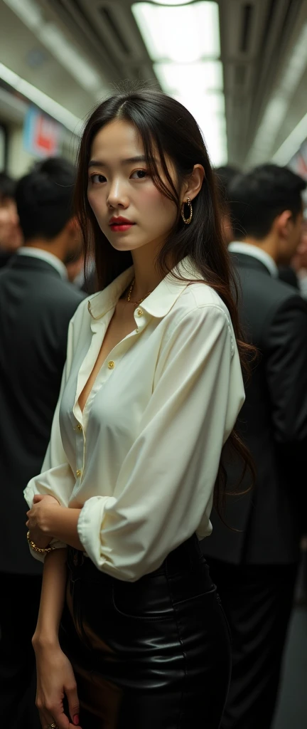 (32K:1.9, Highest quality, masterpiece, Ultra-high resolution, Professional low-angle camerawork:1.5, Very detailedな肌と顔の質感:1.4), Always accurate, Very detailed, ((25 year old Japanese woman, Big breasts on the verge of collapse:1.2, Inside the train:1.6, Multiple men touched parts of her clothing.:1.7, A tight skirt and a white shirt:1.5, Incredibly slim body:1.3, areola is not visible)), Fair skin, elegant, sense of cleanliness, Thin eyebrows, (Big eyes that exude beautiful eroticism:0.4, Embarrassed smile:1.0, I despise you from the bottom of my heart:0.8, Open your mouth a little, lipstick, Feel the beautiful eroticism:0.9), (Wet dark brown medium length hair), Bag, Earrings, necklace, bracelet, romantic, mysterious, Object of admiration, original, dramatic, artistic, Innovative, charm, Heartful, Fancy, sense of openness, special, exciting, (Extreme, Tilt, sense of loss, suffering, sufferingの表現), (((若さのcharm, 女性的なcharm)))
