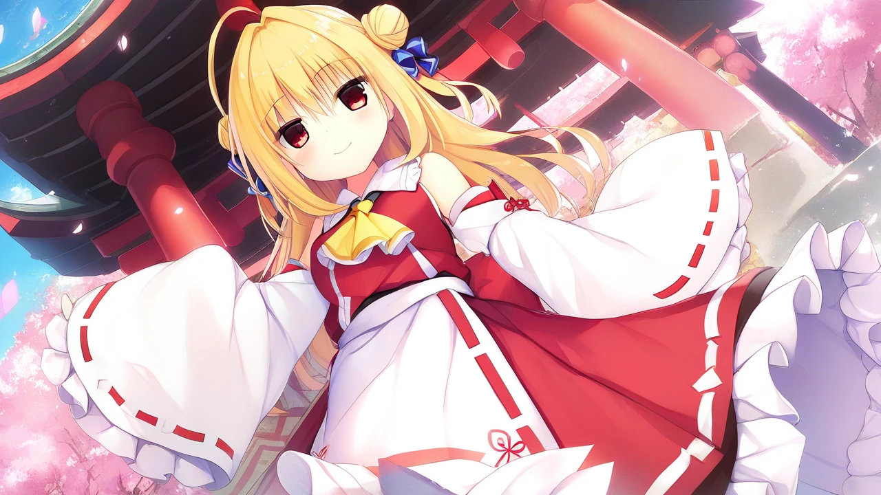 hiyori-default,red eyes,blonde hair, double bun,ahoge,1girl,独奏,detached sleeves,hair bow,red bow,ascot,hair tubes,skirt,frills,red skirt,yellow ascot,wide sleeves,standing,frilled bow,red shirt,frilled skirt,ribbon-trimmed sleeves,frilled shirt collar,bare shoulders,red vest,petticoat,nontraditional miko,smiling,shrine