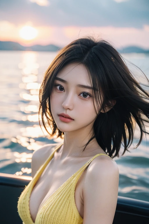 (A 20-year-old Japanese slender beautiful girl), (Small breasts:1.5,)solo, (masterpiece, High resolution, High detail, Highest quality, Very detailed, Ultra high definition, Textured skin,Reality), ((Ray Tracing,Portrait Photography)), Cinematic light effects, ((realism)), ((Surrealism)),8k octane, ((Natural Makeup)),Aperture value F1.8, (((Black Hair, Shiny Hair, Medium Hair, Hair blowing in the wind, ))),((,Yellow knit bikini)),On the boat
