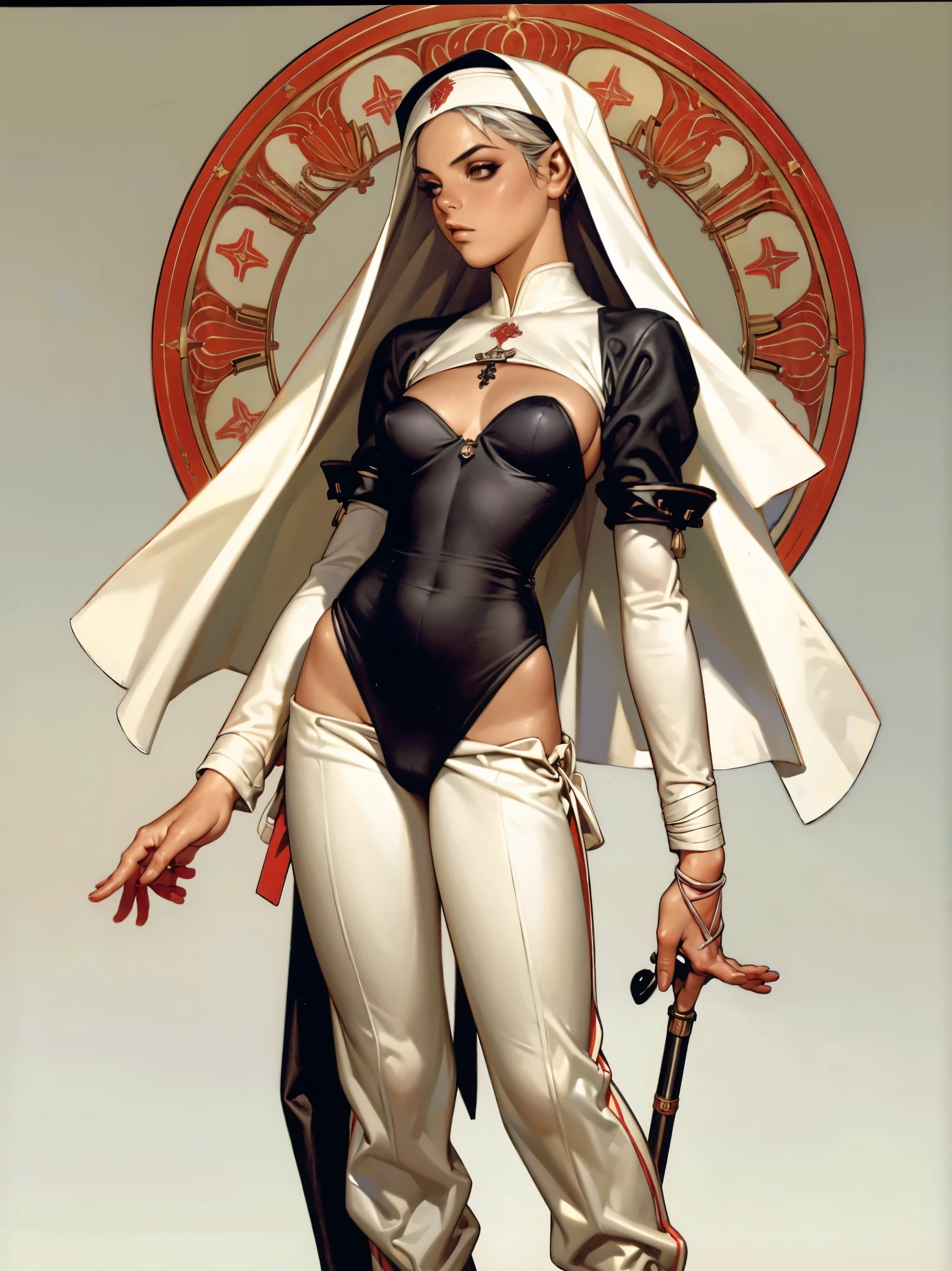 (((Annie Lennox))), ((( nun suit ))), (((Bandaged body))), ((high collar)), (((black with red details))), (((best qualityer: 1.4))), (Unbeatable masterpiece), (hiper HD),(CG 8k hyper-realistic), (((brave face))), (((breasts big))), (((hyper feminine))), sexly girl, Tron,(black bob hair)), ((( sculptural body ))), (((1 Kizi))), Kizi cibernética de 25 anos com perfectbody,,Beautiful and well-groomed face,muscular body:1.2,solid color detailed jacket, (Head to thigh photos), Complex equipment, green dark,Long pants,Tight clothes are dark,With white stars and off-white stripes,,,,,Armor Metal Electronic Parts, Poison tattoos ) INFO, Kizi, (((standing alone))), pirralha violent, ((())), sexly, pose de atitude, work of art, post-apocalypse, (((manga style))), bounty hunter, violent, Manic, the way you want, slenderbody, thin but strong, perfectbody, roupa moderna, advanced technology, neon, sleeves with vertical striped pattern, neutral background, (( cowboy shot )). intricate visual