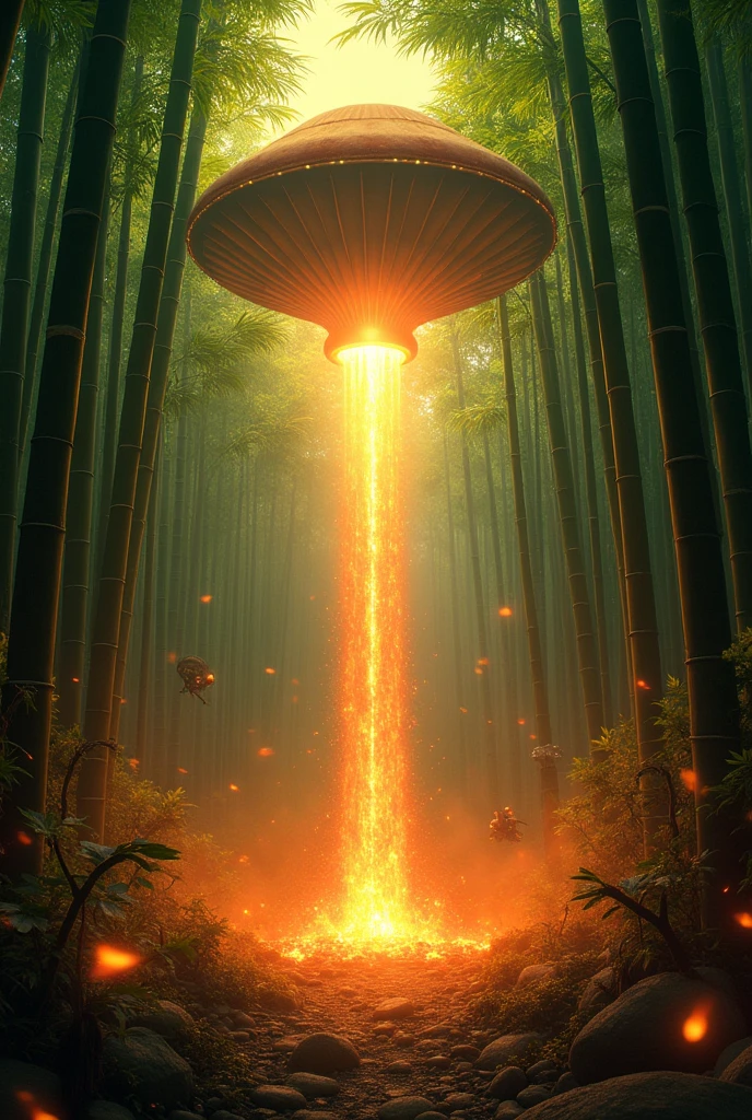 Masterpiece, best quality, ((bamboo forest)), Beam from bamboo into the sky, Mushroom-shaped spaceship, Mushroom gets shot down, 燃えるbamboo forest, The Great War, Intense battle