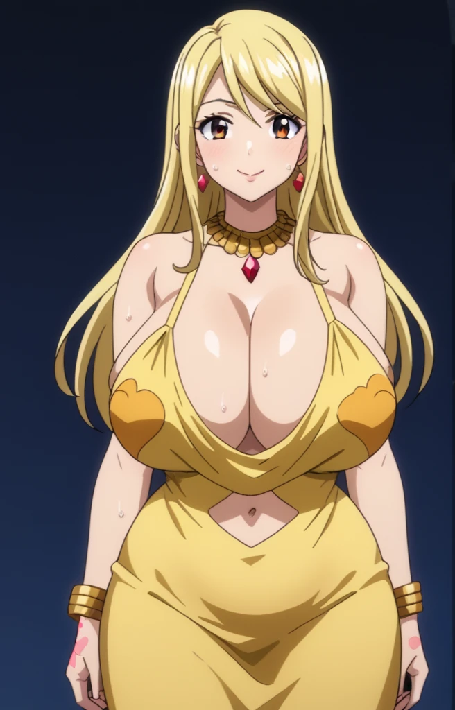 Lucy heartphilia,Big ,Plump,Curvy figure,Enchanced breastnced big breast,Goldesories,loose cleavage dress cloe,Tanned skin,Bouncy ,Plump,Swaying hips,wide hght tights,Gold hoopa,Arabian earrings,gold necklace,Unnatural big breast,Thick wavy long hair,Gold rings rings,Hoopa bracelet,Eyes on viewer,Sweat,Brown eyes,Piercing navel,jewel accesories,Thin indian scarf,gold necklace,Extravagant jewelry,Extravagant hair
