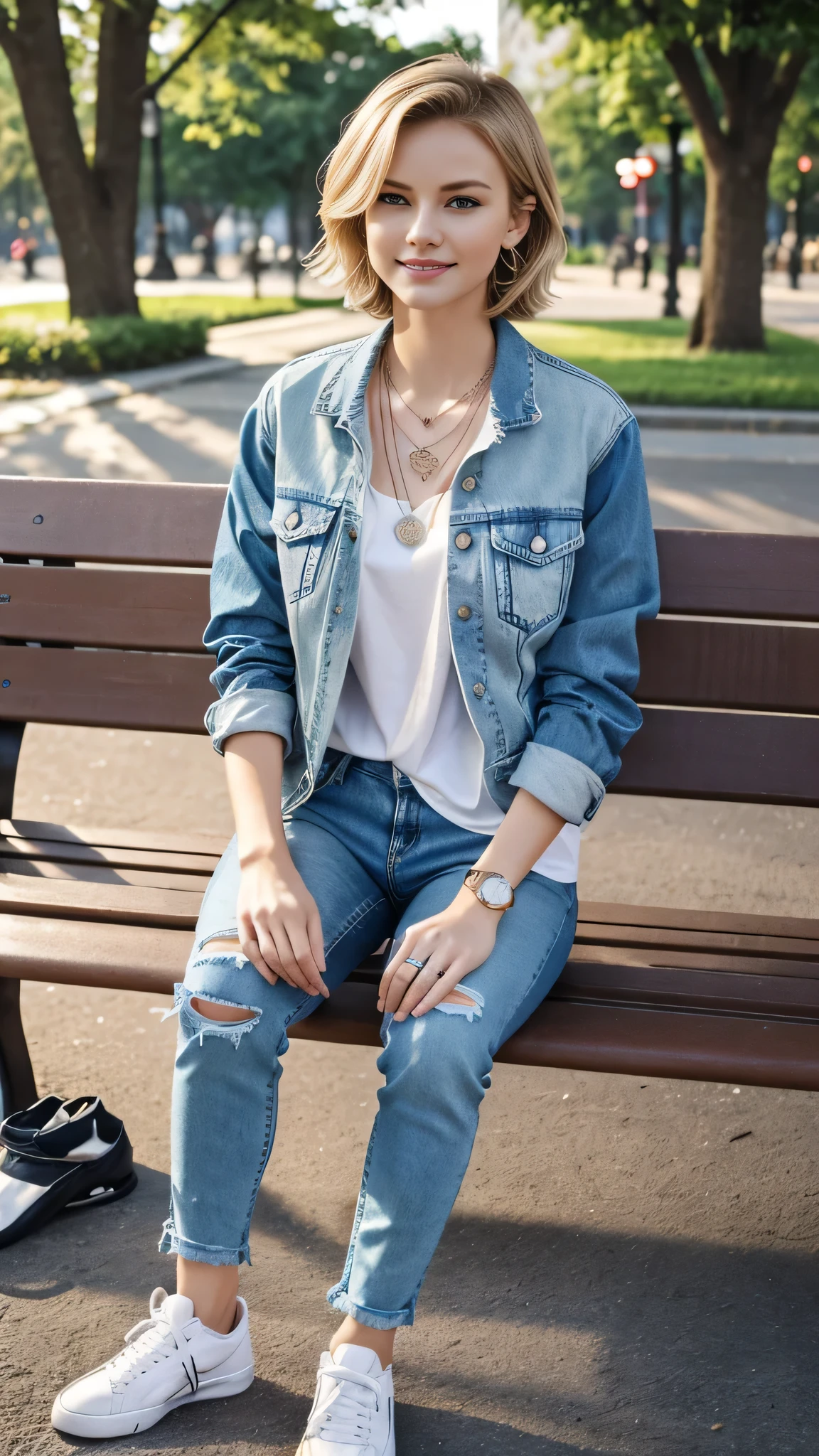 Super Resolution、Neat and clean Caucasian woman、Full body photo、sitting on a park bench、Blonde Hair、Short Haircut、Wavy Hair、Blue eyes、Short Haircut、Ear piercing、、necklace、Denim jacket、shirt、Skinny jeans、sneakers、Beautiful teeth alignment