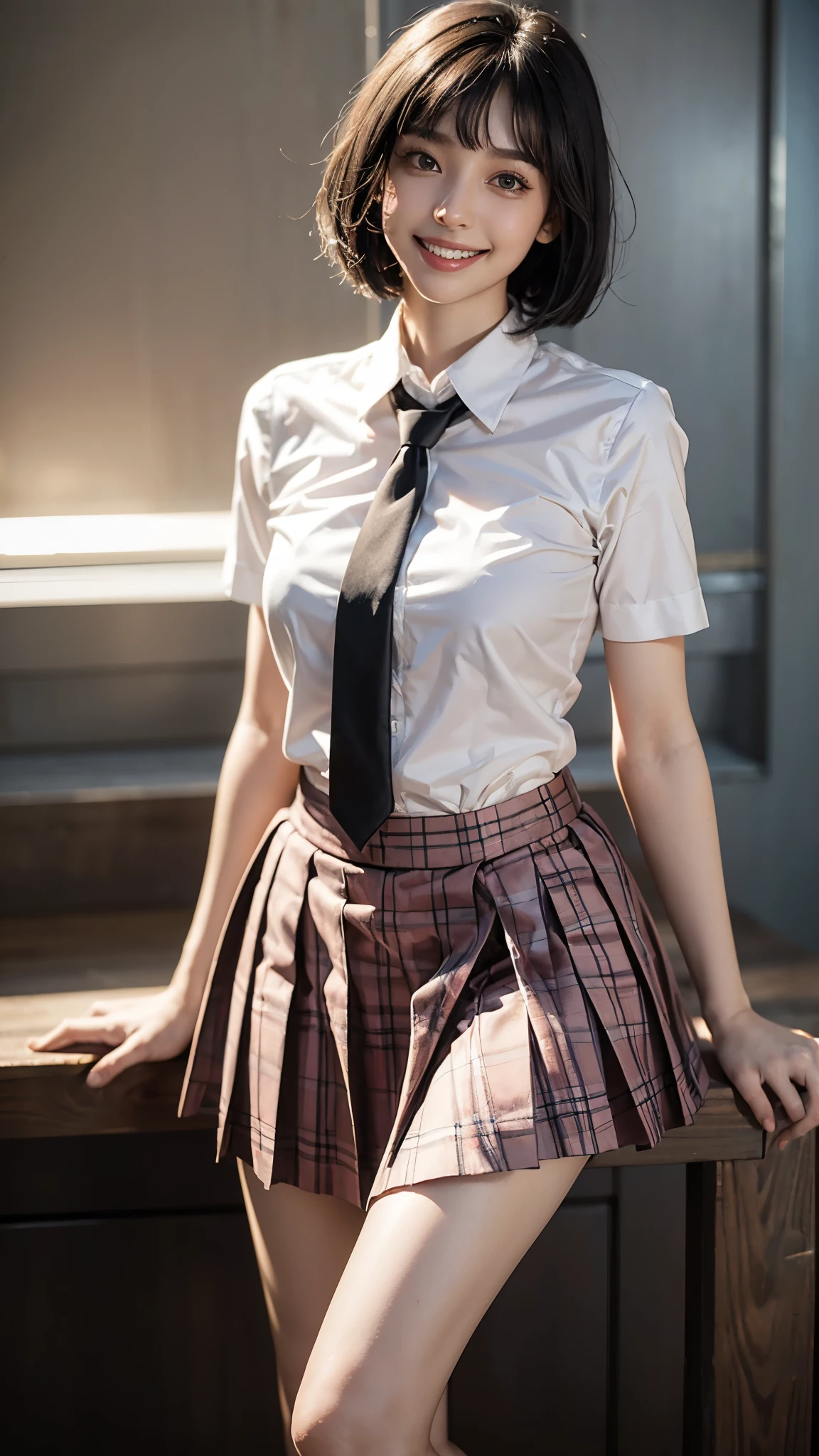 Highest quality, masterpiece, Ultra-high resolution,8k,((Toothy smile portrait:1.4)), (Realistic:1.6), ((lips,Pale pink)),((Sparkling eyes)),((A radiant smile)), RAW Photos,((High School Simple Uniform,tie)),((Blue check pleated skirt)),((Soft looking breasts)),((Full body photo)),1 person,Slim 22 year old adult female,(Full of smiles, )) ,((Jet black hair,Short bangs,Straight Bob Cut)),((Ribbon in hair)),((Looking up at the audience)),Face Focus:1.4,((Shot from above:1.15)),