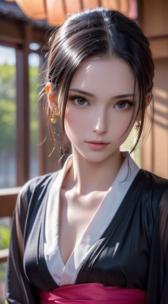 (Realistic)、(Realistic:1.2)、(High resolution)、Very detailed、Very beautiful face and eyes、1 person、Delicate body、(Highest quality、Attention to detail、Rich skin detail)、(Highest quality、8k、Oil paint:1.2)、Very detailed、(Realistic、Realistic:1.37)、Bright colors、Full Body Shot,black_hair, Beautiful 8k eyes,Looking_in_audience,One person in,Are standing,((Very beautiful woman, Fuller lips, Japanese pintern kimono))、((Colorful Japanese kimono)))、(((blackhair)))、(((blunt bungs，long straight hair)))、((( In an old Japanese house (short focus :1.4),)))、(masterpiece, Highest quality, Highest quality, Official Art, beautifully、beautiful:1.2),(Fractal Art:1.3),Sengoku period、By Greg Rutkowski：Alphonse Mucha Ropp,short ,uchikake,nishijin ori,(realistic Light and shadow), (real and delicate background),(Calm colors, Dim color, soothing tones:1.3), Low saturation, (Ultra-detailed:1.2), (Noir:0.4),Draw,Blurred_Light_background, (Bright colors:1.2), cinematic Lighting, ambient Lighting,Single Shot,Shallow focus,pink lip,Blurred Light background,