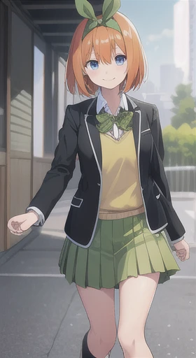 Fourth floor Nakano, bangs, short hair, blue eyes, Hair between the eyes, hair ribbon, hair band, Orange Hair, green ribbon,skirt, shirt, bow, ribbon, school uniform, white shirt, Short sleeve, pleated skirt, shoes, shoes下, collared shirt, miniskirt, bowtie, Black footwear, Knee-high, green skirt, black shoes下, loafers, green bow, Sweater vest, green ribbon, knee shoes下, Outdoor, Excited, smile, View your viewers,