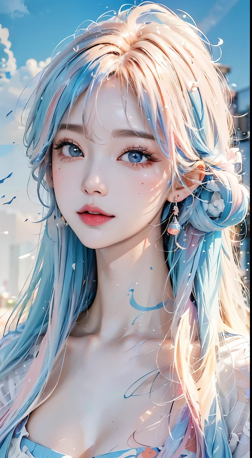 (masterpiece, best quality, high resolution), white background, Acrylic paint, ((color splash, ink stain, color splash)), Sweet Chinese girl, Long Sky blue hair, [Sky blue|pink] hair, Curly hair, glitter, Peach lips, white shirt, front, upper body