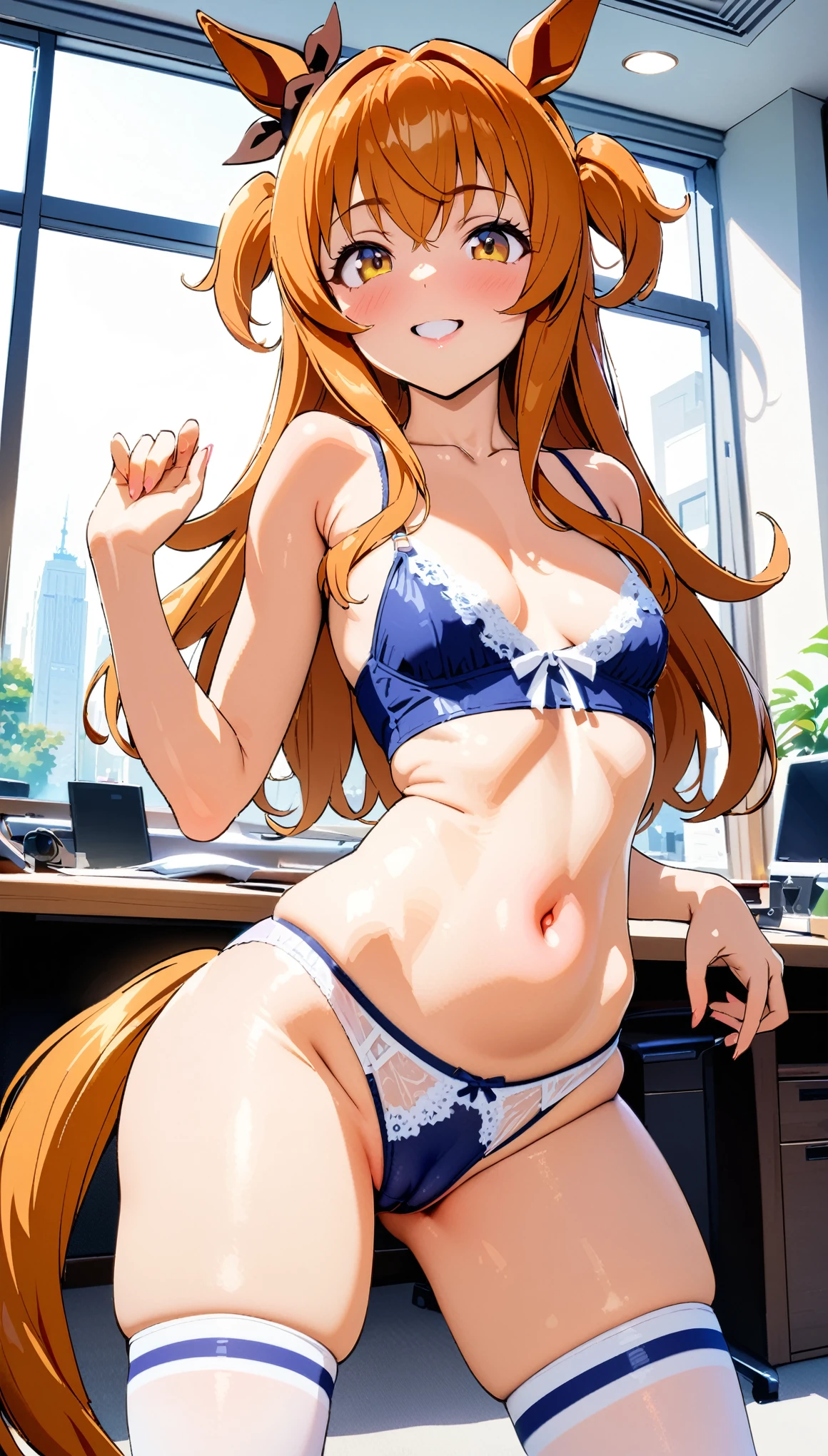 [[One person, Mayano Top Gun \(umamusume\), umamusume]], Beautiful attention to detail, Close one eye, ((indoor, office, living room),  Curvy, thin, Small breasts, Flat Chest, (Thigh-high socks), (Cleavage) , (Sexy pose), (Seductive pose), (Crop Top Belly Button), ((panties), (good), (In underwear), (Flashy underwear), (lingerie))), (Close-up shot), Slender body,Dynamic Angle, Highest quality, Very detailed, masterpiece, Ultra-high resolution, 8k, Nipples, ((Horse tail)), Camel Toe, smile, Small Ass, Slender body