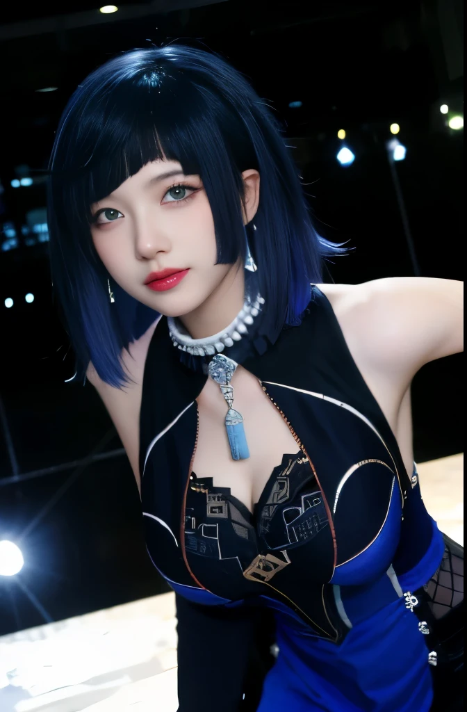 best quality, masterpiece,Ultra-high resolution,Clear face,（Reality：1.4）, Night orchid \(Genshin Impact\), 1 Girl, Solitary, Black Hair, Blue Hair, short hair,Tights, blue Tights,, (Looking at the audience:1.5),Shut up，Serious，Face Focus，Medium breasts，Black translucent stockings，Can see the thighs，whole body，panoramic，Anime idol poses