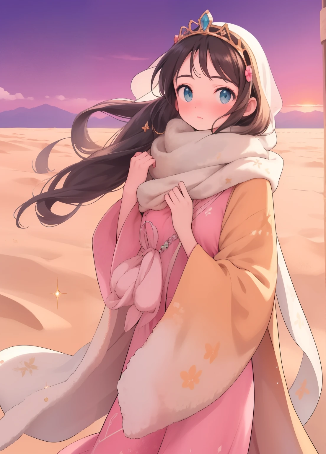 (masterpiece、Highest quality、Highest quality、Official Art、Beautiful and beautiful:1.2)、(1 personの:1.3)Hatsune Miku、Twin tails,Beautiful breasts, Katsushika Hokusai,(masterpiece, Highest quality:1.1), (Desert Queen), kirino kousaka, 1 person, alone, Gold embroidery, Kaftans,turbaned, scarf, jewelry, Circlet, 額のjewelry, Elegant robes, satin, Veil, gem, tiara, Arabian Style, Desert Landscape, carpet, Hair blowing in the wind, The Shining, sunset, oasis, silk, Sparkling eyes, Sand Dunes