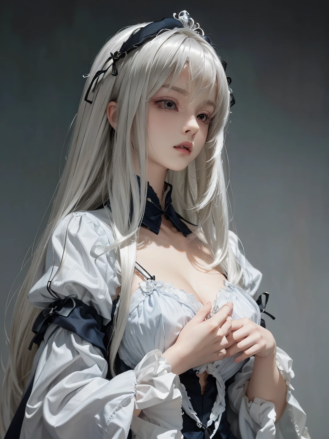 (8k, highest quality, masterpiece:1.2), Super detailed, (photo realistic:1.4), Dramatic lighting, Rozen Maiden,First Doll,Mercury lamp,suigintou, fine tune, pale white skin, (whole body), detailedeyes, detailed back ground, high resolution, very detailled, Vibrant, goddess,Dramatic lighting, (deep decolte), (mini breast sticker:1.2), (long string thong), long hair,shining white silver hair,Large, full bust,a seductive pose,Gaze of temptation,expression of shame,open her mouth slightly