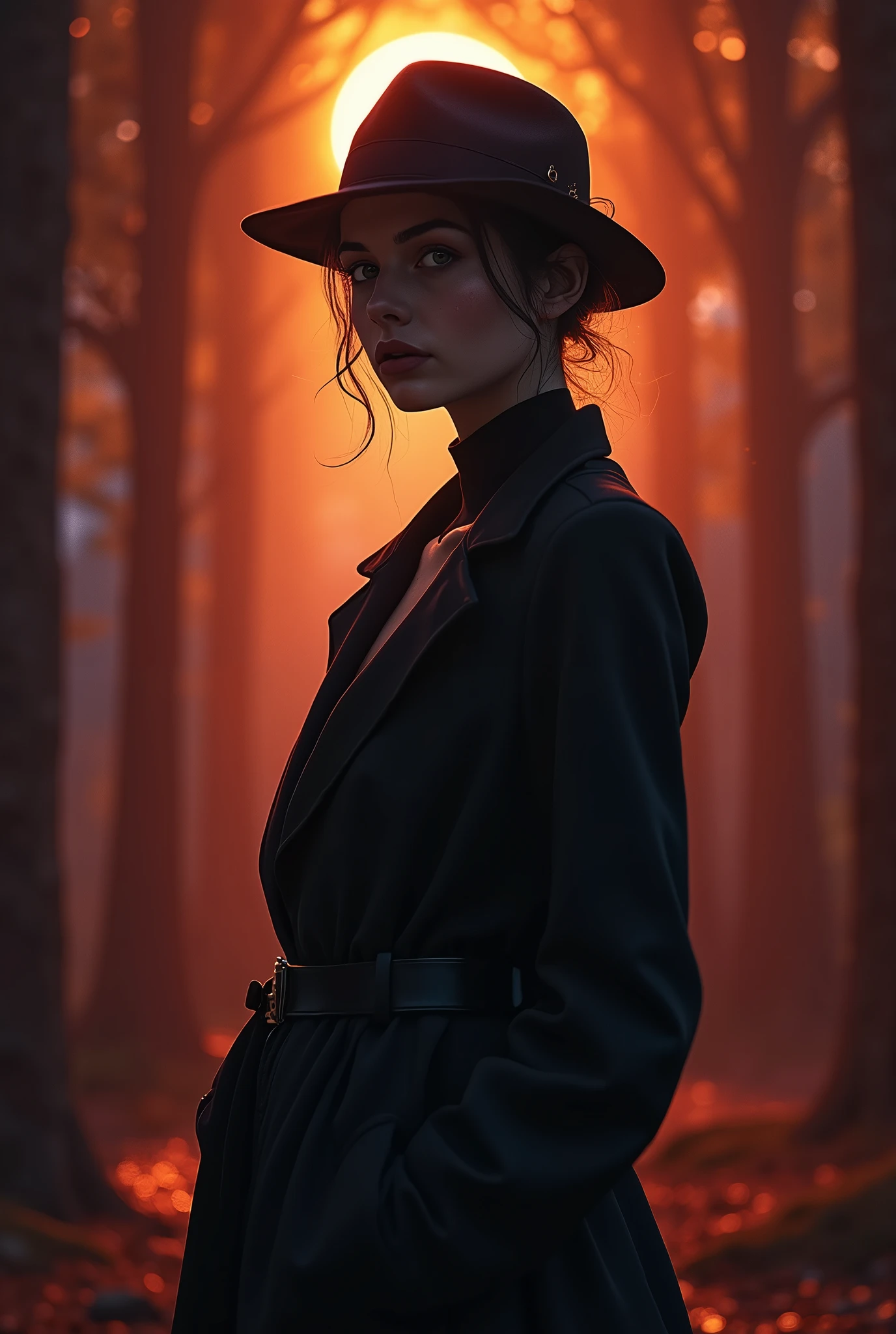 (RAW photos, 4K, masterpiece, high resolution, Extremely complex), Movie Lighting, Surrealism, Realistic photos, 1920s detective girl, noir detective, in the style of Zdzislaw Beksinski, inspired by Sherlock Holmes, Open shoulders, dark orange and purple, whole body, Detailed facial features, Detailed character design, Close-up intensity, side fill light, contour, Backlight, Divine Light, Volumetric Lighting, (Dramatic Lighting:1.2)