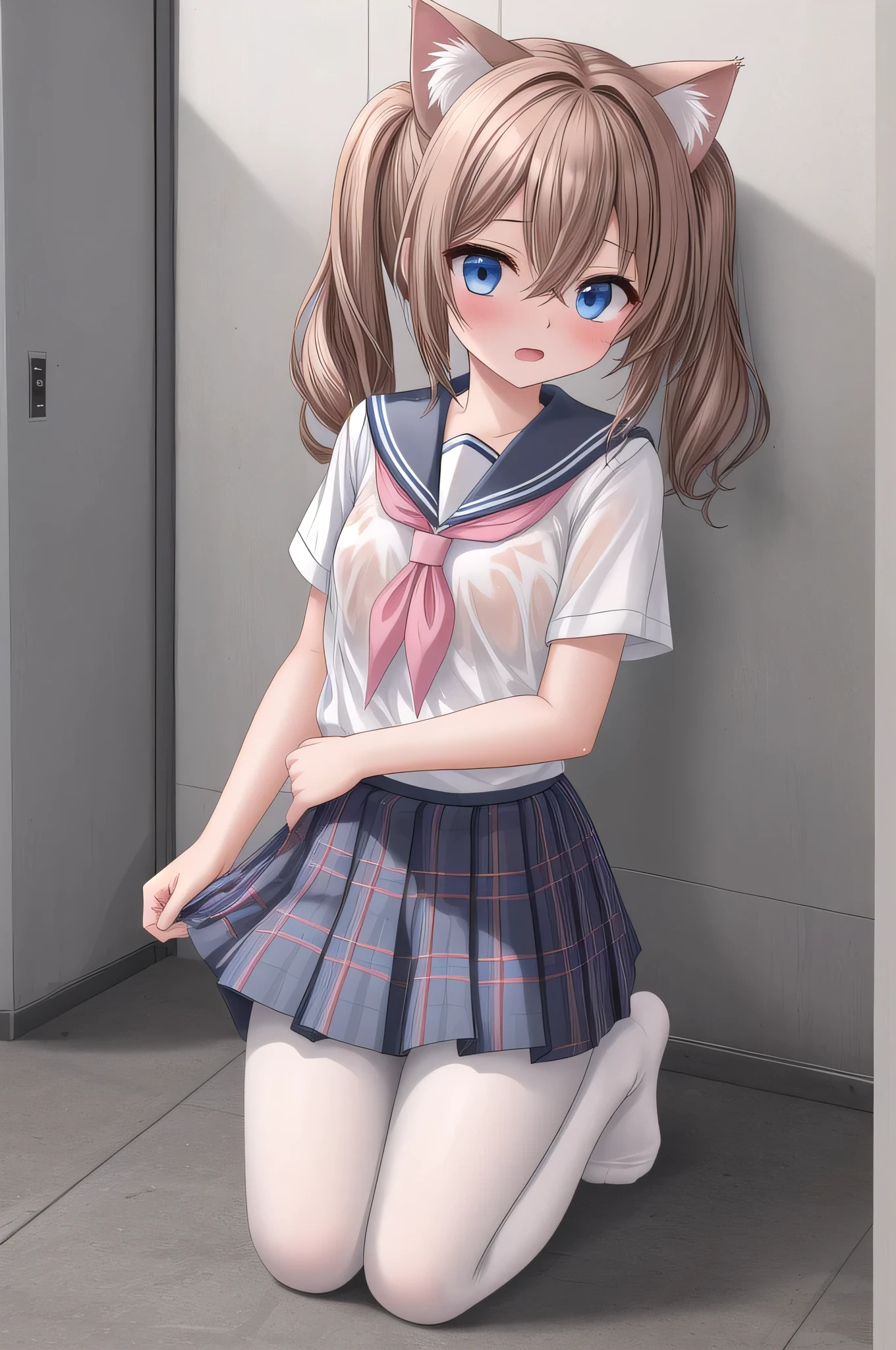 Solo Girl, 20-year-old,Medium Hair, hair between eyes, twintails, sailor collar, Light brown hair, A small chest, highest quality, High resolution, Very detailed, Detailed JK Uniform Plaid Skirt, school uniform, Light pink mini skirt, Background, Perfect lighting、very cute, Blue eyes, a pair of cat ears, Blush, White pantyhose, 
No shoes on, In public restrooms, Kneeling on the ground, scared expression, Wet clothes, Pink lingerie