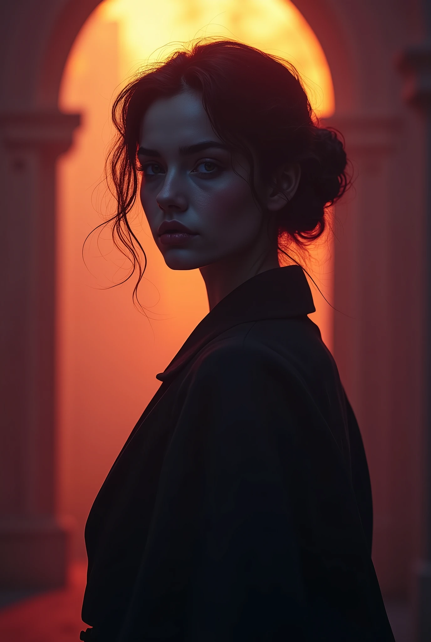 (RAW photos, 4K, masterpiece, high resolution, Extremely complex), Movie Lighting, Surrealism, Realistic photos, 1920s detective girl, noir detective, in the style of Zdzislaw Beksinski, inspired by Sherlock Holmes, Open shoulders, dark orange and purple, whole body, Detailed facial features, Detailed character design, Close-up intensity, side fill light, contour, Backlight, Divine Light, Volumetric Lighting, (Dramatic Lighting:1.2)
