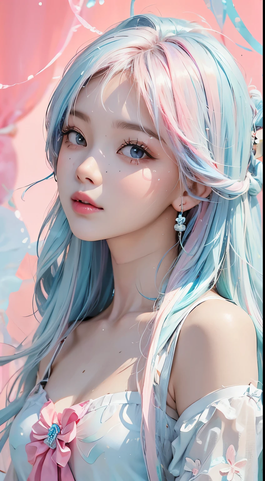 （masterpiece、best quality、high resolution），white background，acrylic paint，（（color pops，splash ink、color popping phenomenon）），Sweet Chinese girl，Sky blue long hair，[light blues|Pink big chest]hair，Curly hair，glitter，pink lips，White blouse，face，upper part of the body，