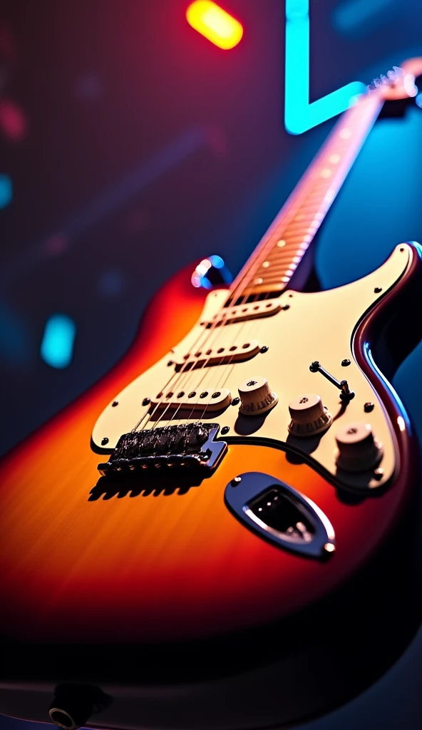, 3 single coils and white buttons., Create a phone wallpaper of an electric guitar, a Fender Stratocaster, with、Sunburst, maple fingerboard and white shield、(masterpiece:1.3) (最high quality:1.2) (high quality:1.1)、Neon Light