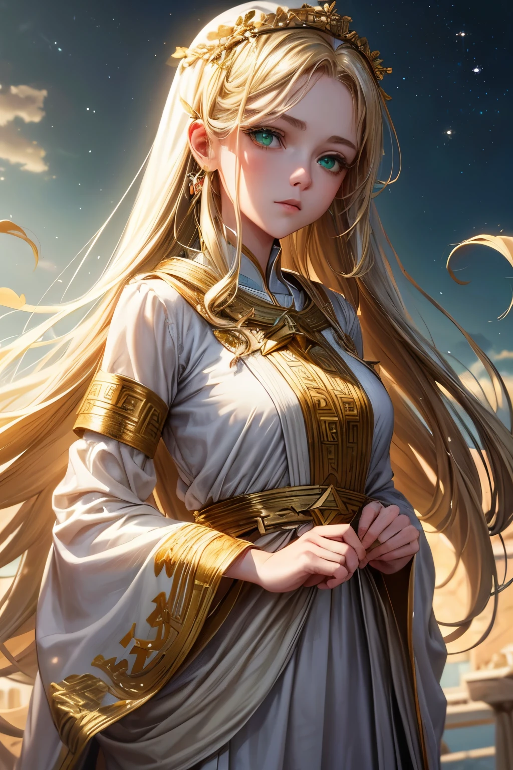(((Ridiculous))), (((best quality))), portrait, Digital art, (Popular topics on ArtStation), ((1 girl)), ((green shining eyes)), Star Eyes, fair, (Beige blonde long hair), (((Greek clothing))):0.9.