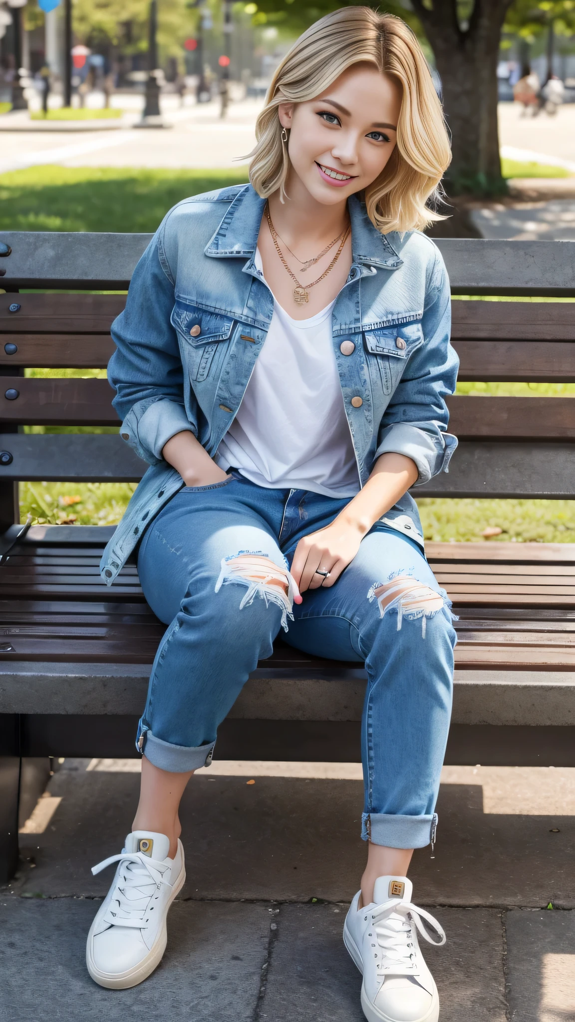 Super Resolution、Neat and clean Caucasian woman、Full body photo、sitting on a park bench、Blonde Hair、、Wavy Hair、Blue eyes、Short Haircut、Ear piercing、、necklace、Denim jacket、shirt、Skinny jeans、sneakers、Beautiful teeth alignment