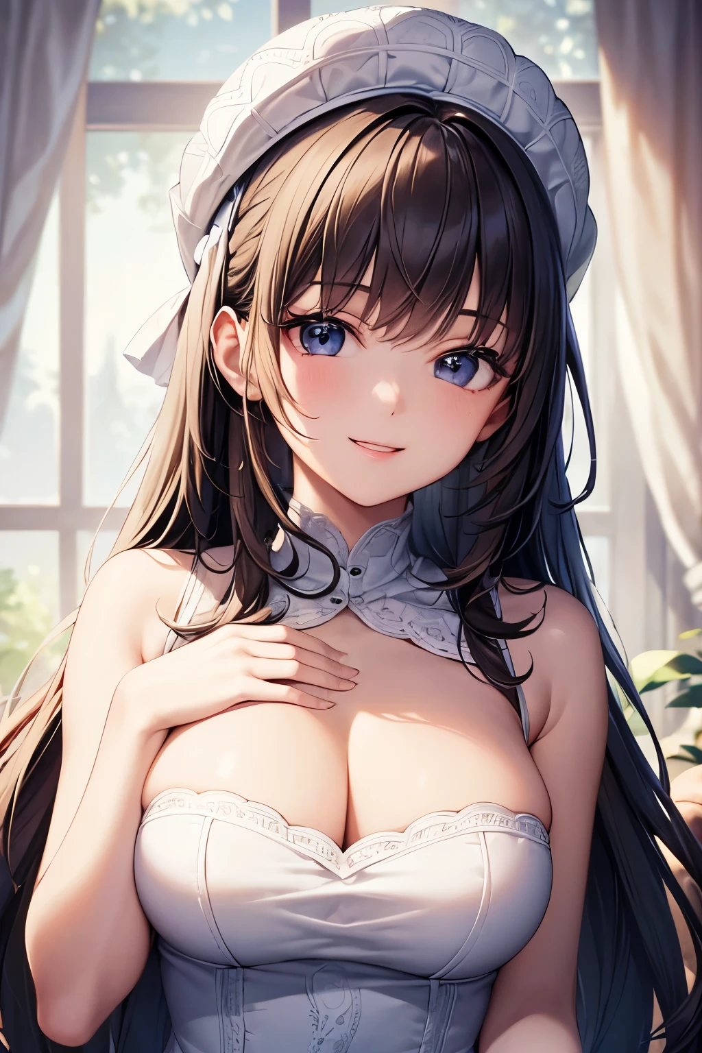 32k, best quality, ultra-detailed, high resolution, perfect anatomy, head on, cute girl, cute dress, cute hat, cute smile, hyper detailed interior background,