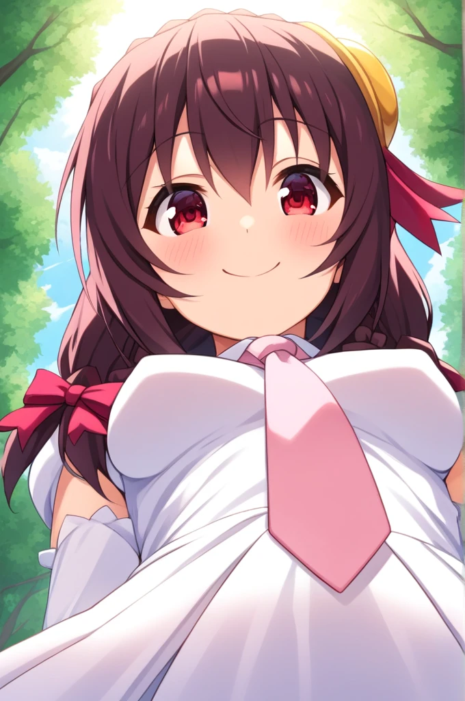 alone, One person, Yunyun, ♥、 (smile:1.5)、Crown braids of the same color as your hair、hair ornaments, Hair Ribbon, Pink tie, White dress、heart、♥、Sunlight filtering through the trees、Being pillowed on by a viewer.、View from below