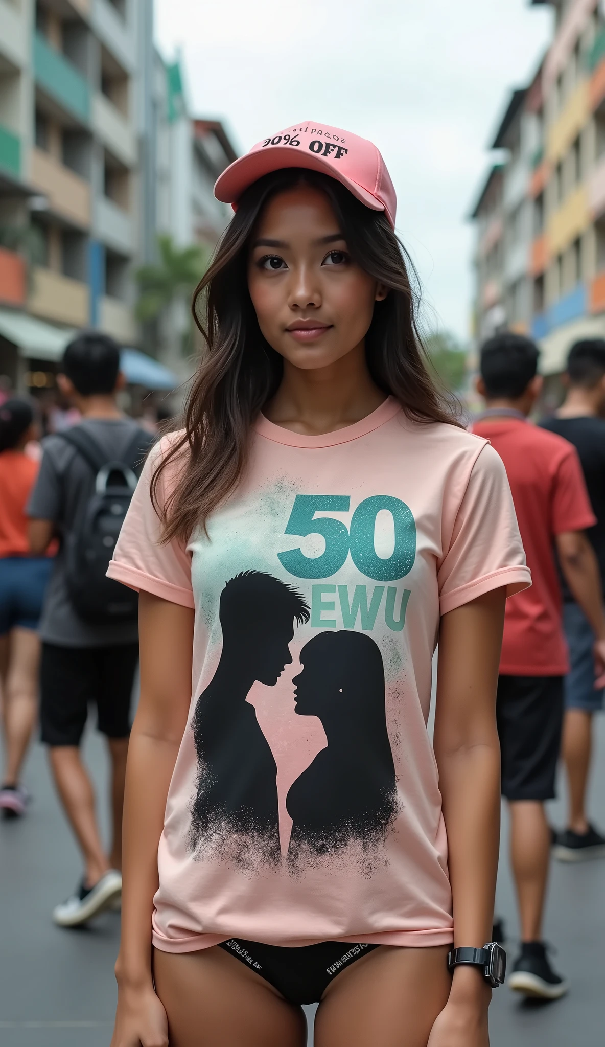 A beautiful Indonesian girl, wearing a t-shirt with a strong vector design featuring a silhouette image of a naked couple having sex in black colour. The sentence "50 EWU SAKPUASE" is displayed with bold and distressed typography pastel tone, The round pin stuck in the middle of the zumba cup hats reads "(90% OFF)", tie hair, in a public place, surrounded by many men, large and sexy breasts, the pantiens reads "(OBRAL)" underwear, with a shooting angle from the front, very realistic, (complex detail: 0. 9), (hdr, hyperdetail: 1.2), RAW, Sony Alpha a9 II, 24-105mm f/4, HDR,
