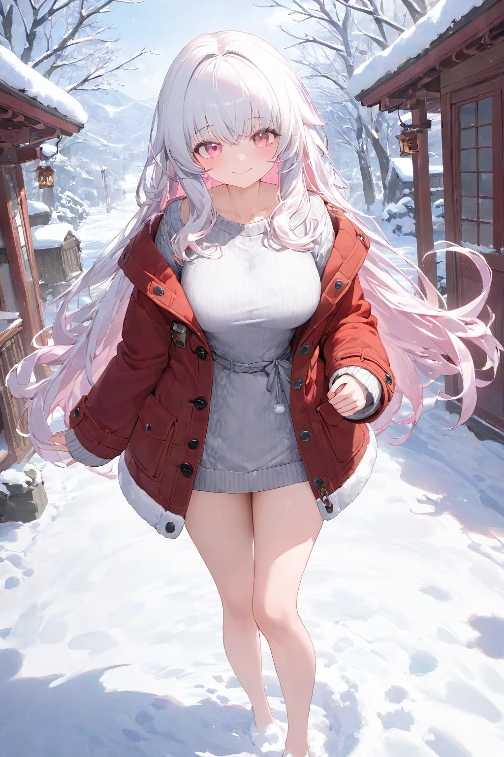 (masterpiece), best quality, highly detailed, absurdres, 1girl, large breasts, Clara, white hair, long hair, pink eyes, red jacket, jacket, long sleeves, bare legs, open clothes, sweater, standing, smile, closed mouth, snow, outside,