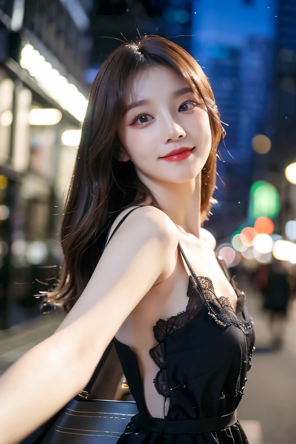 ((best quality, 8k, masterpiece :1.3)), 1 woman, smiling, whole body, face slimming, pretty Woman, (Dark brown hair), full length dress :1.1, Super detailed face, delicate eyes, double eyelids, blurred background, face slimming, City, external, street, ((elegant poses)) 