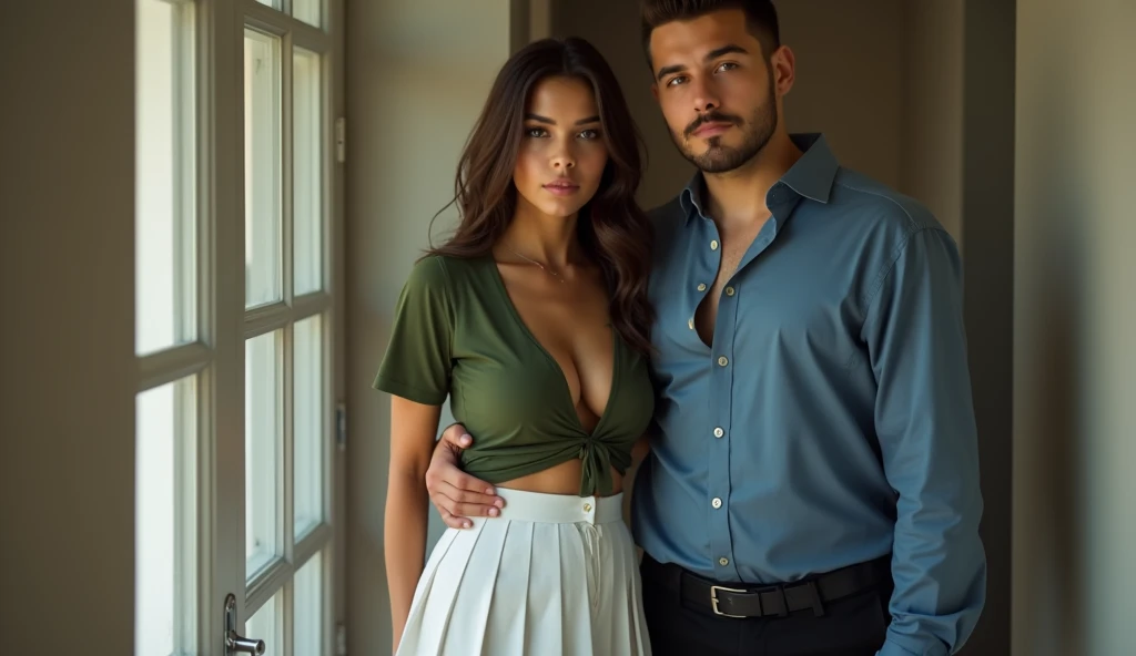 1 girl, rey, latina, Age 22, big-ass, good natural breast, Kale, touching the breasts showing the vagina and the ass of two but respecting everything even the camera, cambrante, dress with a white schoolgirl skirt and a green shirt that shows the shape of her breasts and her ass, cleary see face, 1 men,alemao,35 year old, barba, blond, brawny, wearing a blue dress shirt , black pants 8K, ultra HD
