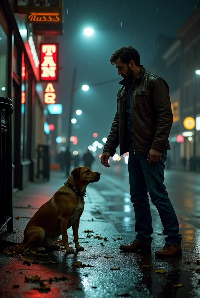 man rescuing dog on the street at night