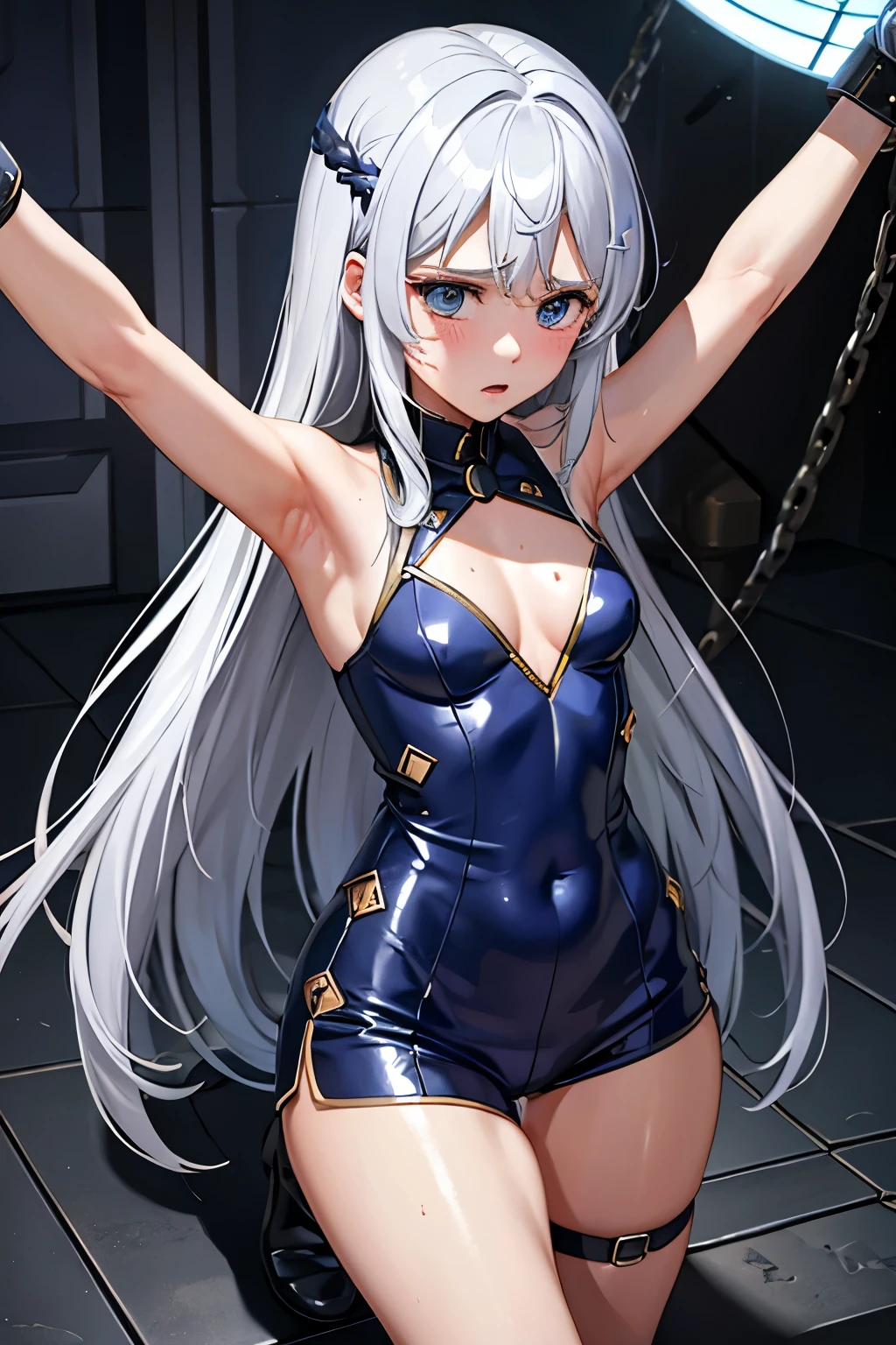 (((Highest quality、first class、masterpiece、Normal body、8k、Detailed face、Ultra-precision、normal hand、Normal refer to、5refer to、Highest)))、Eternal Frail、Silver Hair、Long Hair、kid、clear、pure、A blue suit that reveals a cleavage、Navy blue shorts、"SD Gundam G Generation"、Shot down、Defeated、Captured、Taken prisoner、Handcuffed、Detained、Chained by a collar、lock restraint、Jail、prison、Frightened、fear、blush、Interrogation、torture、Whipping
