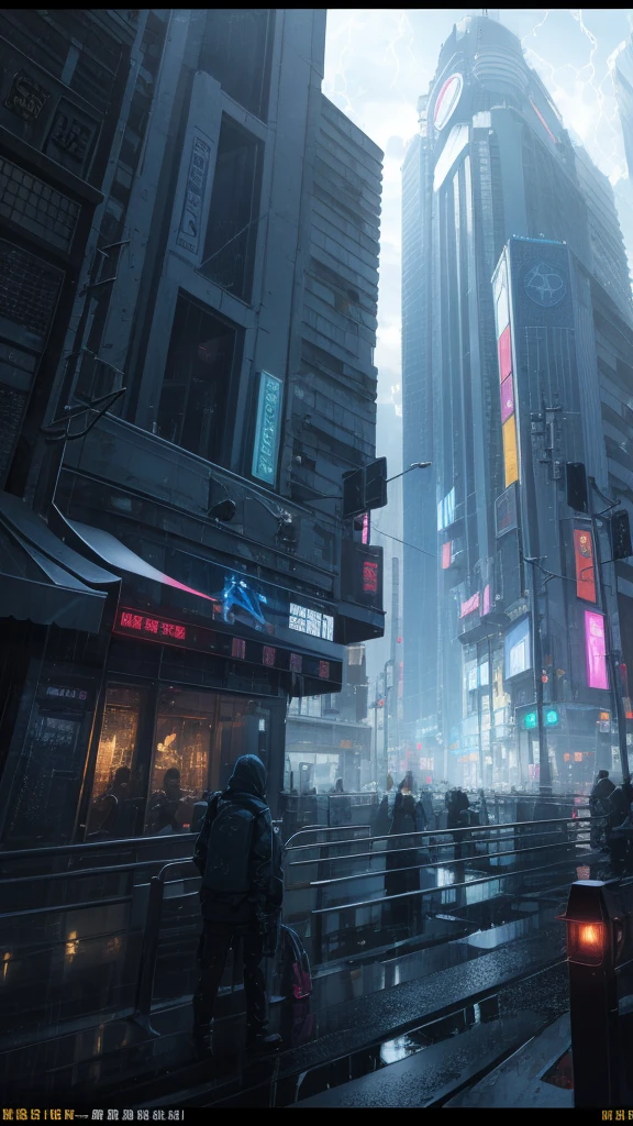 scenecy, Highly detailed portrait of street corner, When lightning strikes, rainstorms and cloudy skies, Neon and cyberpunk background, A butterfly hovers near a street lamp, glowing, The light from the back window is backlighted, tmasterpiece, Best quality at best, Complicated details, absurd res, color difference, depth of fields, professional photoshooting, gentlesoftlighting, Tone-mapping, The is very detailed, Focus sharp, dramatic lights, Complicated details, Cinematic, 8K, Incredible shadows, actual, (very highly detailed background:1.0)