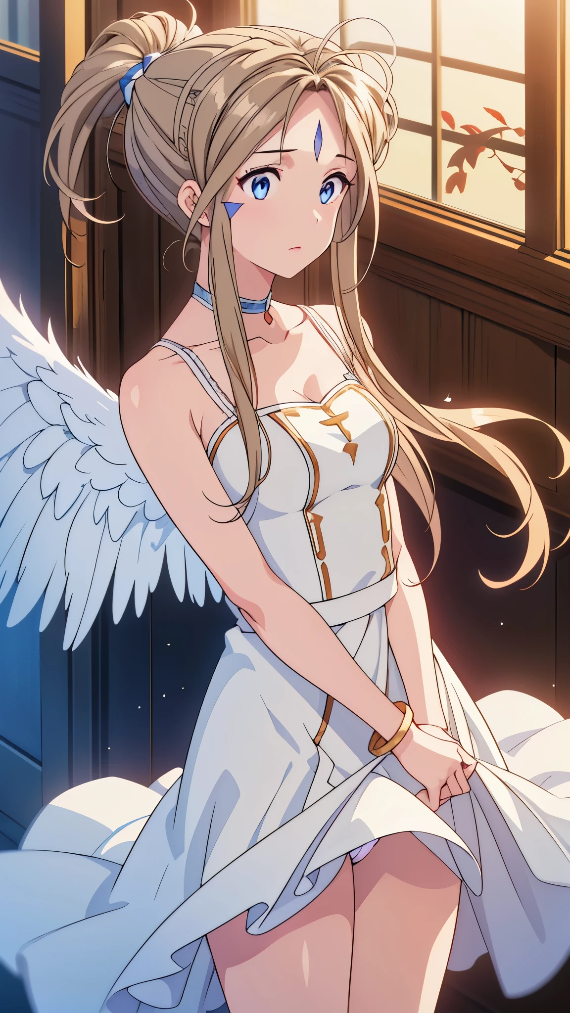 A woman wearing a white and blue dress with wings, with brown discoloration due to the wind and a skirt that is billowing.,Under the skirt,Realistic white lace panties , Belldandy, Long Hair, blue eyes, Brown Hair, Facial Imprints, Forehead mark, gloves, wing, choker, bracelet, ring, feather, angel wing, (For rest:1.1), Fry , 20-year-old,, ,masterpiece ,8k unity wallpaper,Detailed eyes,Detailed face,Detailed skin,Anime key visual, ,Highest quality, High resolution, unity 8k wallpaper, (shape:0.8), (Fine and beautiful eyes:1.6), highly Detailed face, Perfect lighting, Extremely detailed CG, (Perfect hands, Perfect Anatomy),masterpiece,High resolution,Perfect Anatomy,Anime key visual,Kyoto Animation,(Fine and beautiful eyes,glowing eyes,Detailed Hair,Detailed skin,Detailed wear ),Highest quality,unity 8k wallpaper,Ultra-dense skin,White skin,Highest quality,Blurred_background