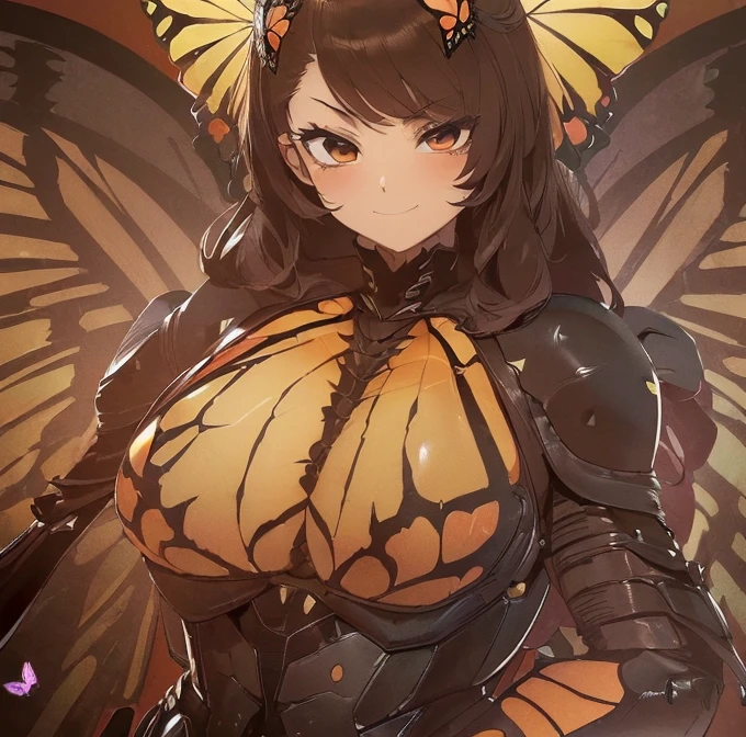 (high resolution,masterpiece,best quality,extremely detailed CG, anime, official art:1.4), realistic, photo, amazing fine details, all intricate, gloss and shiny,awesome many layers, 8k wall paper, 3d, sketch, kawaii, illustration,( solo:1.4), perfect female proportion,villainess, (fusion of dark brown butterfly and lady:1.4), (brown butterfly form lady:1.2), (brown butterfly lady:1.2), (fusion:1.2), (solo:1.4), (evil smile:1.2), muscular, abs, (butterfly brown exoskeleton bio insect suit:1.4), (butterfly brown exoskeleton bio insect armor:1.2), (brown transparency butterfly wing:1.4), (brown butterfly antennae:1.3),