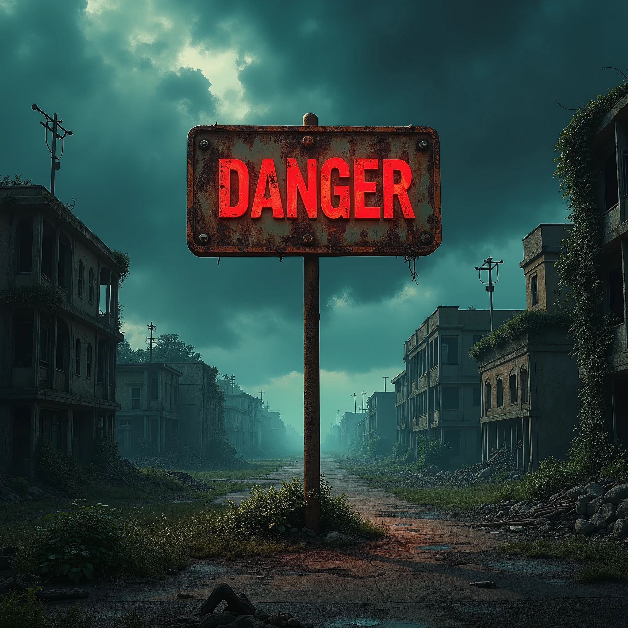 road sign with the name DANGER in an apocalyptic scenario in digital art