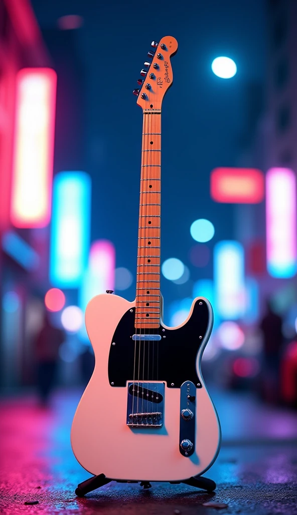 Make a smartphone wallpaper of an electric guitar, Fender Telecaster., white、(masterpiece:1.3) (最high quality:1.2) (high quality:1.1)、Neon Light