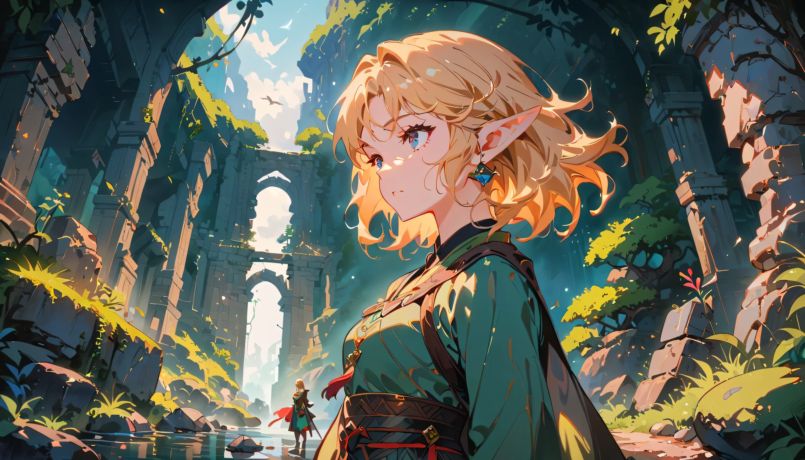 female adventurer, full body, Game Art Style, (masterpiece), highest quality, High resolution, 4k, 8K, Detail view, intricate details, cinematic lighting, amazing quality, 1 girl, Bird、bard、Close your eyes and sing passionately、elf ears、ash blonde hair, great shading, soft lighting, Face-to-face camera, perfect eyes,She stands in front of ancient ruins, surrounded by crumbling stone walls and overgrown vegetation. The ruins are filled with intricate carvings and mysterious symbols, giving a sense of lost history.