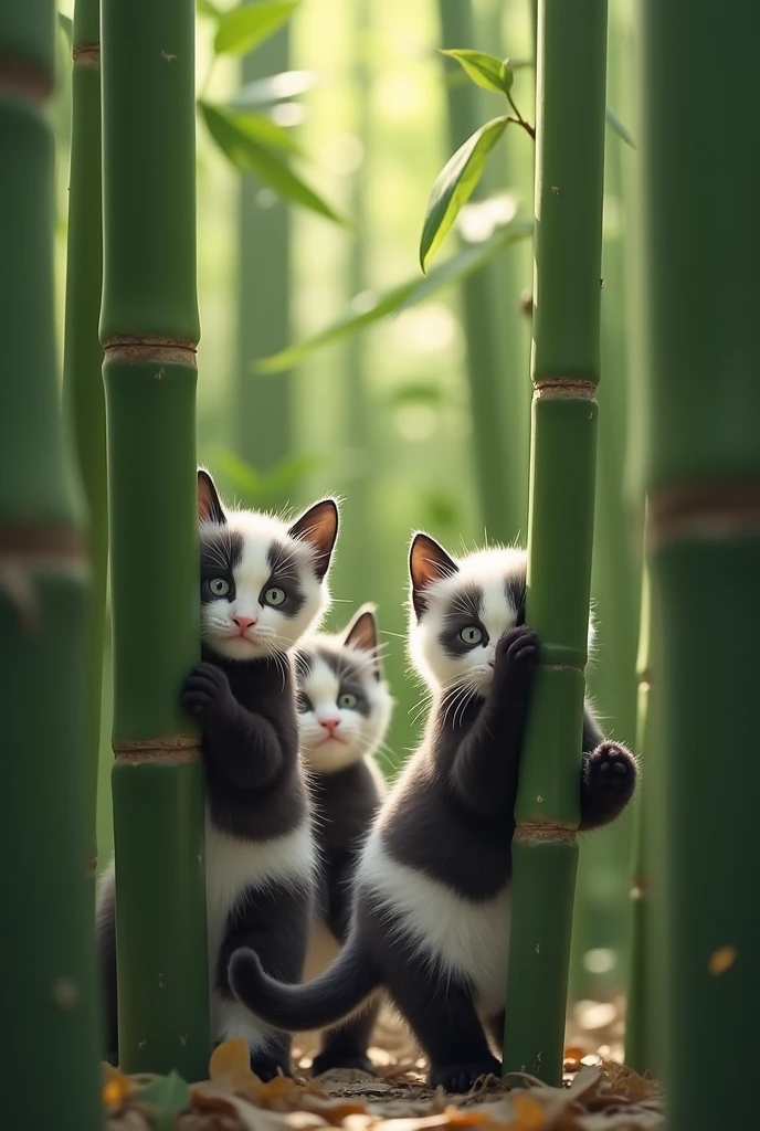 Bamboo forest in Kyoto、3 kittens with panda patterns、A sly pose