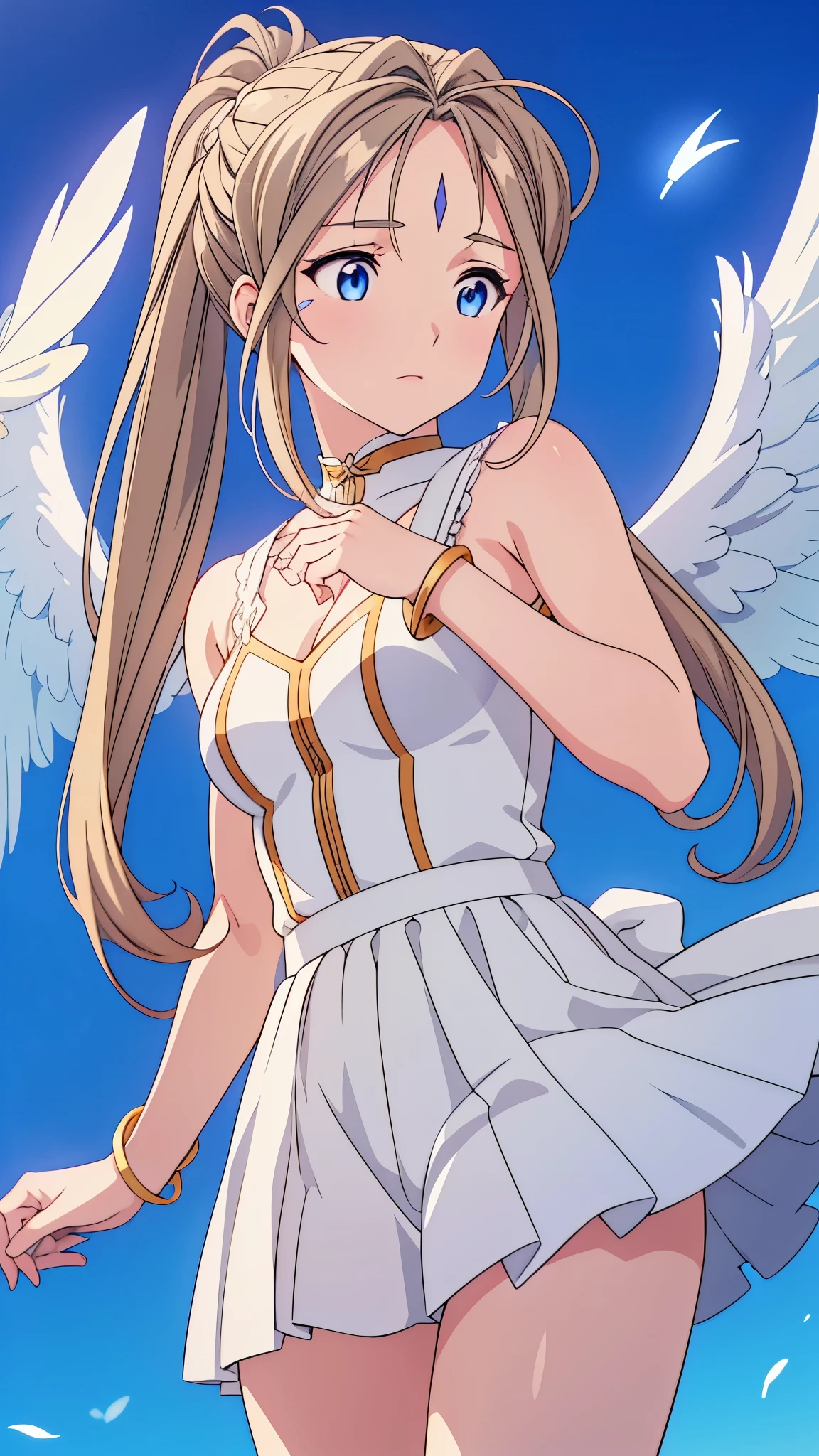 A woman wearing a white and blue dress with wings, with brown discoloration due to the wind and a skirt that is billowing.,Under the skirt,Realistic white lace panties , Belldandy, Long Hair, blue eyes, Brown Hair, Facial Imprints, Forehead mark, gloves, wing, choker, bracelet, ring, feather, angel wing, (For rest:1.1), Fry , 20-year-old,, ,masterpiece ,8k unity wallpaper,Detailed eyes,Detailed face,Detailed skin,Anime key visual, ,Highest quality, High resolution, unity 8k wallpaper, (shape:0.8), (Fine and beautiful eyes:1.6), highly Detailed face, Perfect lighting, Extremely detailed CG, (Perfect hands, Perfect Anatomy),masterpiece,High resolution,Perfect Anatomy,Anime key visual,Kyoto Animation,(Fine and beautiful eyes,glowing eyes,Detailed Hair,Detailed skin,Detailed wear ),Highest quality,unity 8k wallpaper,Ultra-dense skin,White skin,Highest quality,Blurred_background