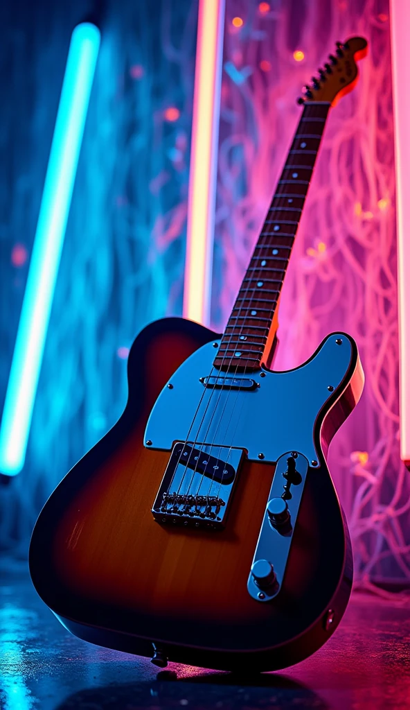 Make a smartphone wallpaper of an electric guitar, Fender Telecaster., (masterpiece:1.3) (最high quality:1.2) (high quality:1.1)、Neon Light
