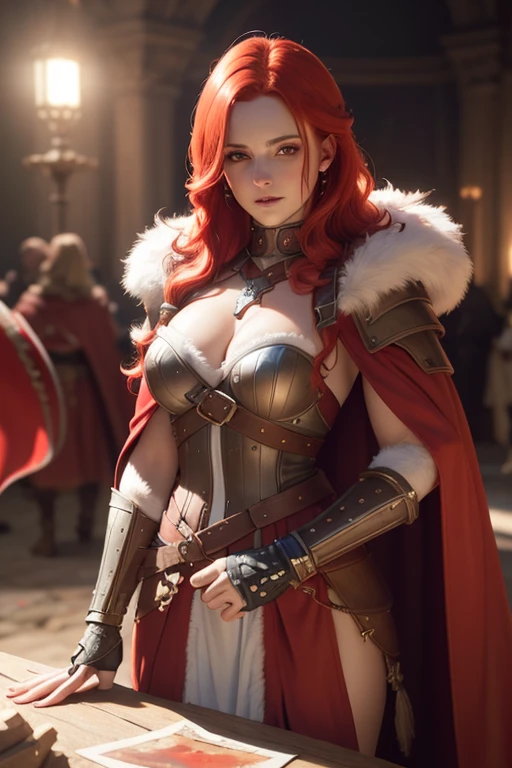 a beautiful woman with bright red hair,fur cape,viking armor,realistic portrait,depth of field,4k 8k ultra-detailed,photorealistic studio lighting,ultra-fine painting,physically-based rendering,extreme detail,professional,vivid colors,bokeh