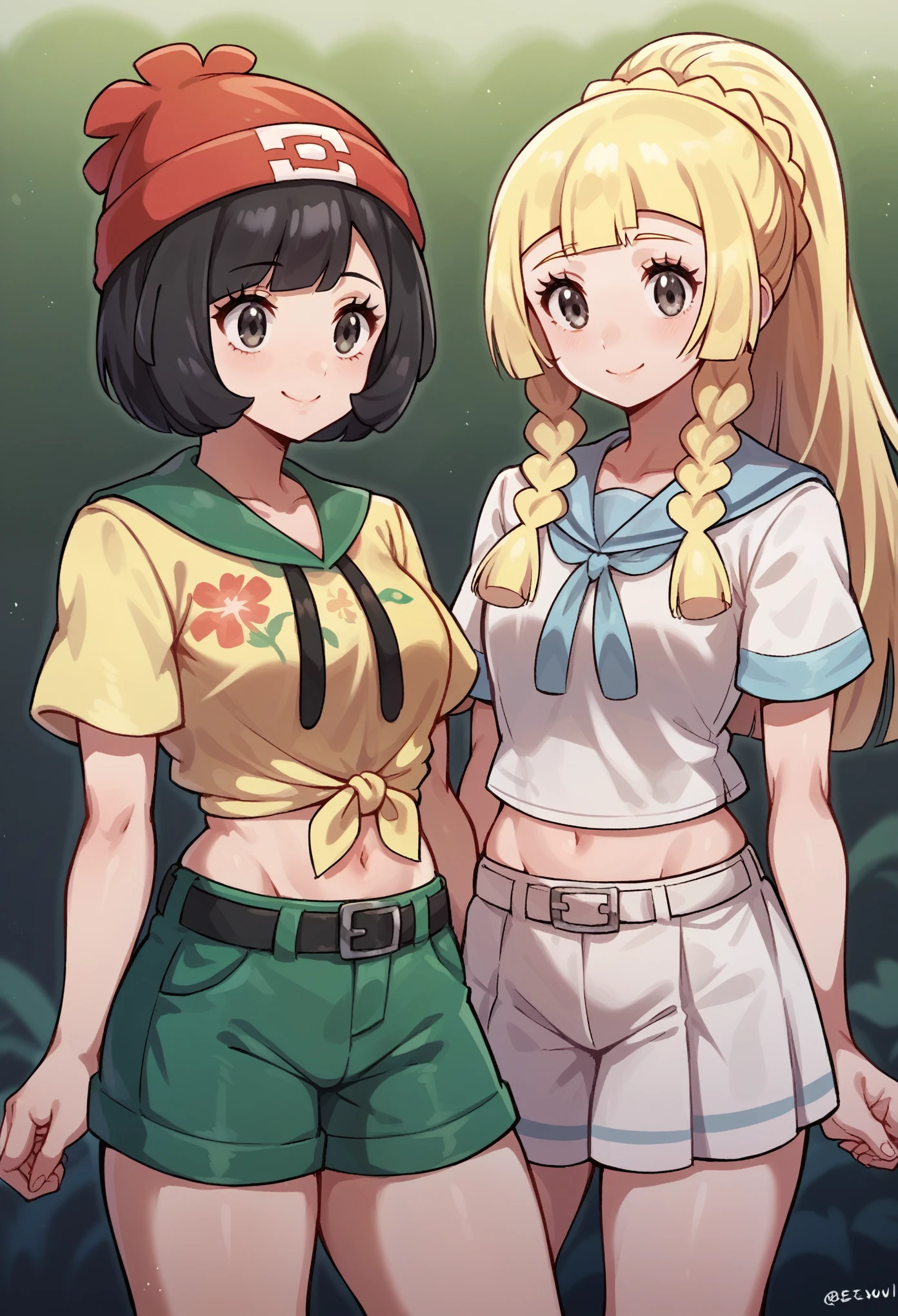 Nsfw, 2girls, multiple_2girls, selene and lillie,  selene \(pokemon\), grey eyes, black hair, green shorts, red headwear, beanie, shirt, tied shirt, floral print, short hair, short sleeves, short shorts, striped, yellow shirt, belt, midriff. lillie, braid, french braid, high ponytail, miniskirt, pleated skirt, sailor collar, shirt, short sleeves, skirt, white shirt, white skirt. Standing, smile, cowboy shot,