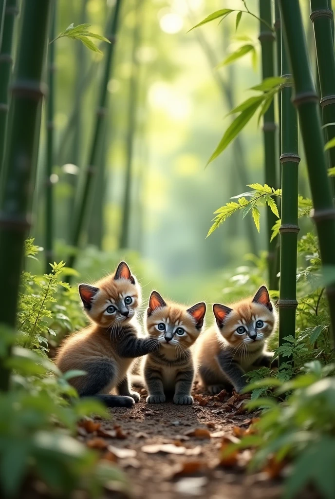 Bamboo forest in Kyoto、Three cute kittens with panda print、A sly pose