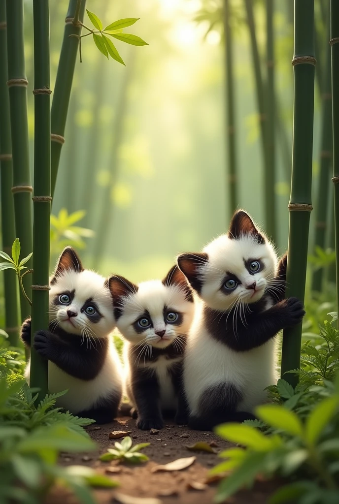 Bamboo forest in Kyoto、Three cute kittens with panda print、A sly pose