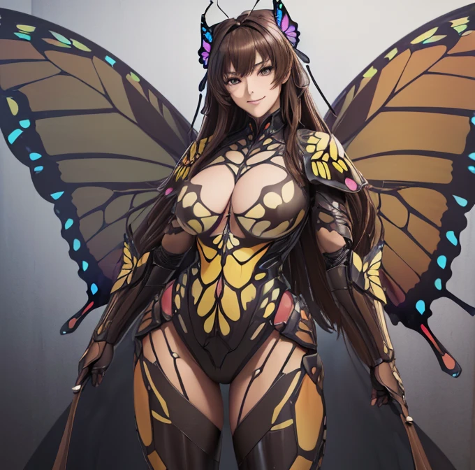 (high resolution,masterpiece,best quality,extremely detailed CG, anime, official art:1.4), realistic, photo, amazing fine details, all intricate, gloss and shiny,awesome many layers, 8k wall paper, 3d, sketch, kawaii, illustration,( solo:1.4), perfect female proportion,villainess, (fusion of dark brown butterfly and lady:1.4), (brown butterfly form lady:1.2), (brown butterfly lady:1.2), (fusion:1.2), (solo:1.4), (evil smile:1.2), muscular, abs, (butterfly brown exoskeleton bio insect suit:1.4), (butterfly brown exoskeleton bio insect armor:1.2), (brown transparency butterfly wing:1.4), (brown butterfly antennae:1.3),